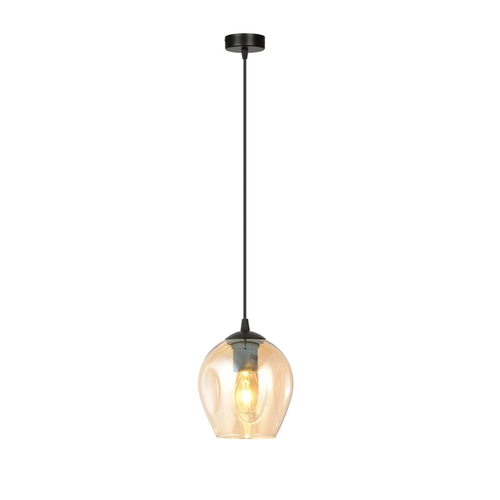 Sospensione 1 Luce Fuxi In Acciaio Nero E Vetro Ambra