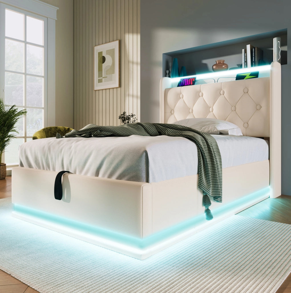 Letto singolo imbottito con LED 360°, USB e contenitore idraulico