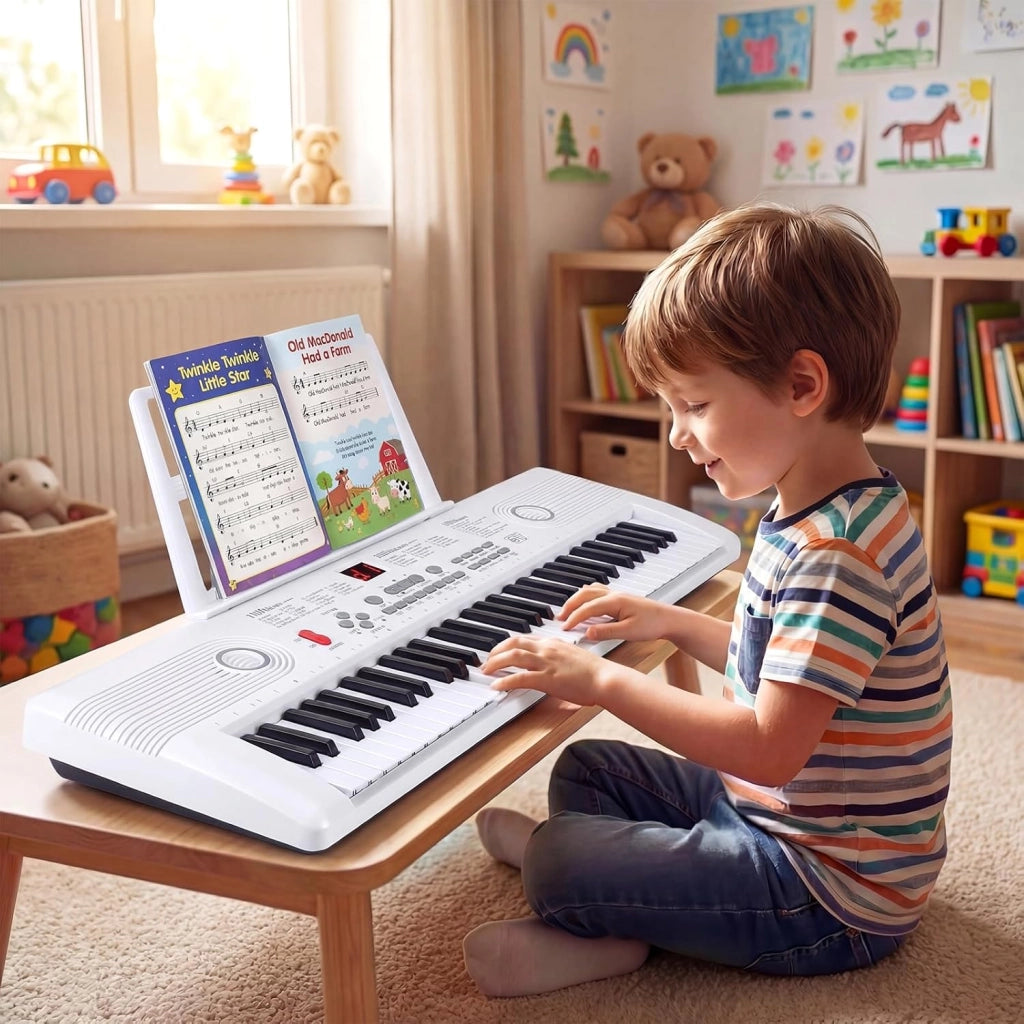 Tastiera Pianoforte 61 Tasti con Microfono (Bianco)
Pianoforte Elettronica Portatile con Leggio, Alimentatore, Borsa da Trasporto, Adesivi per Note per Bambini e Adulti