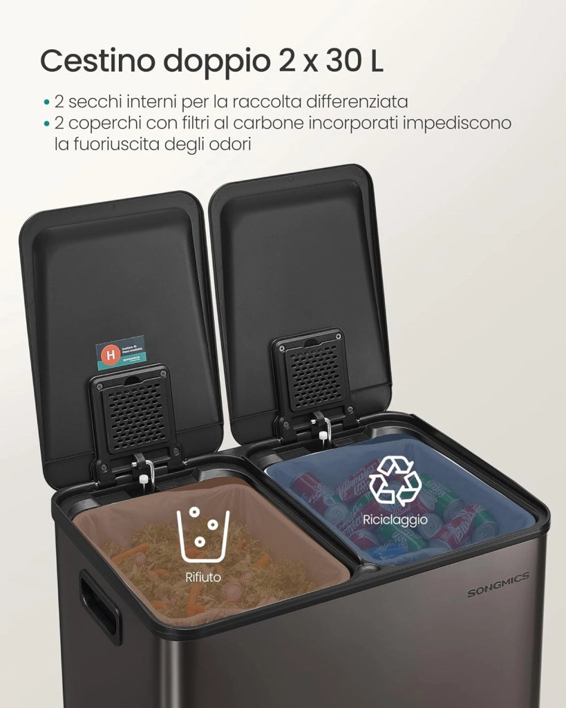 SONGMICS Cestino da Cucina, 2 x 30 L, 2 Scomparti, Pattumiera a Pedale con Coperchio a Chiusura Morbida e Secchio Interno, Acciaio Inossidabile, 15 Sacchi Inclusi, Grigio Ardesia LTB741G01
