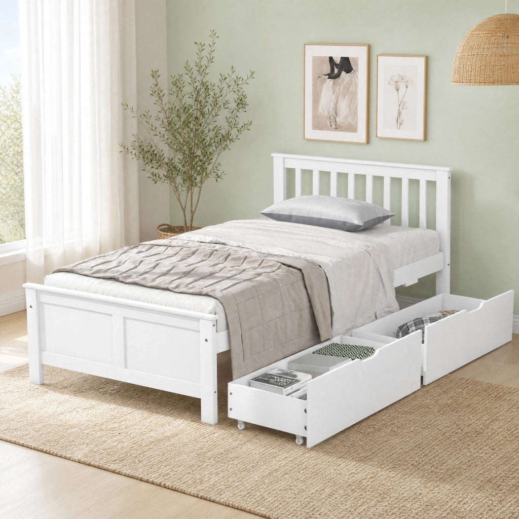 Letto singolo bianco con 2 cassetti contenitore, struttura in legno massello