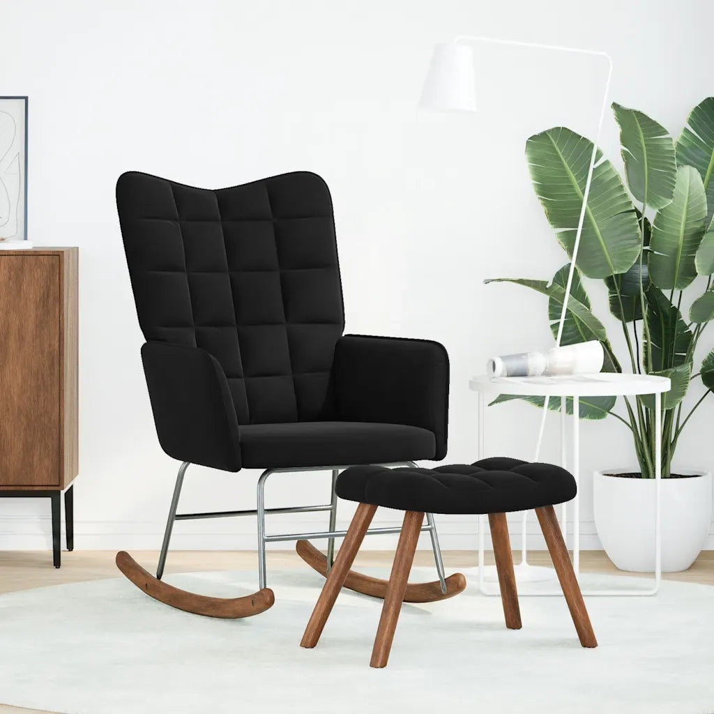 Sedia a dondolo con sgabello in velluto nero CFW5690627
