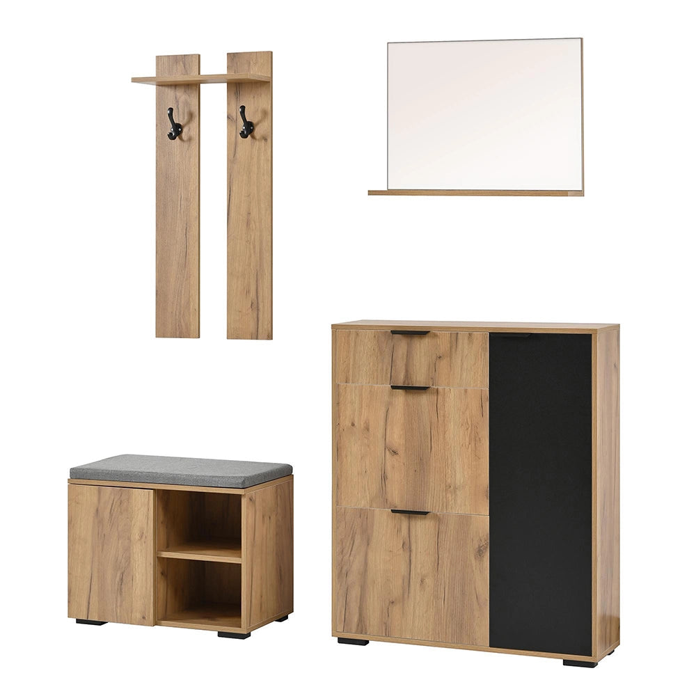 Set vestiario per corridoio - Xylo - con panchina, armadio, specchio, 2 ganci, 4 ante, 140x35x139 cm