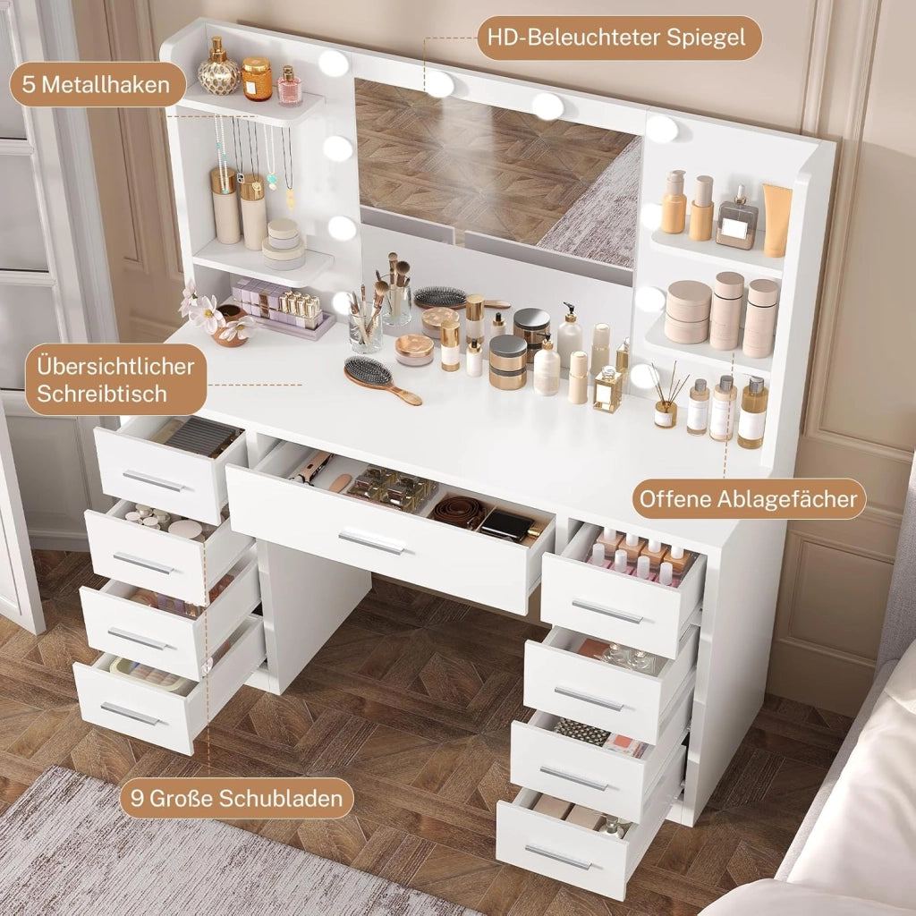 Toeletta Trucco con Luci,3 colori, luminosità regolabile, Grande Specchio, Postazione Trucco con 9 Cassetti, 4 Ripiani Aperti e 5 Ganci per Gioielli per la Camera da Letto, Bianco