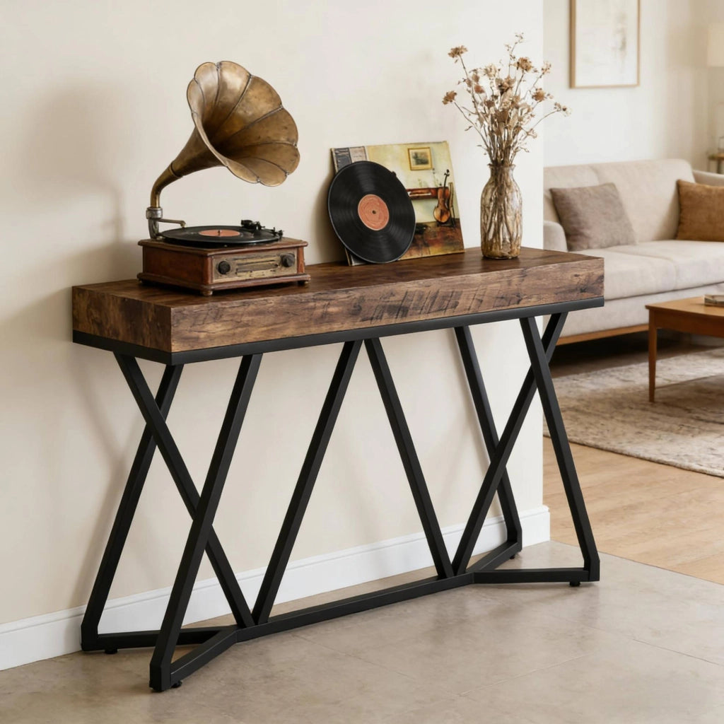 Tavolo consolle 140 x 30 cm in MDF e metallo; nero e marrone rustico