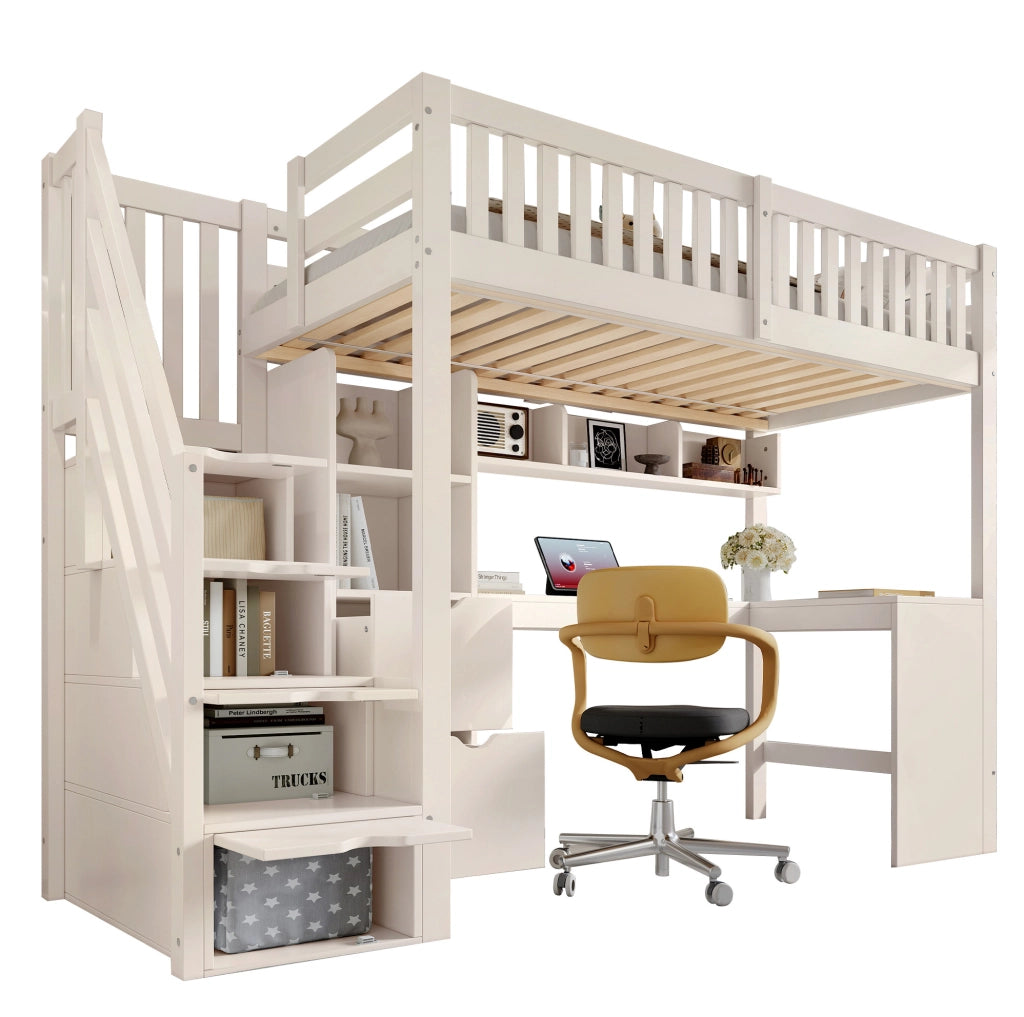 Letto a soppalco 90x200 cm con scrivania ad angolo e armadio a scala bianco