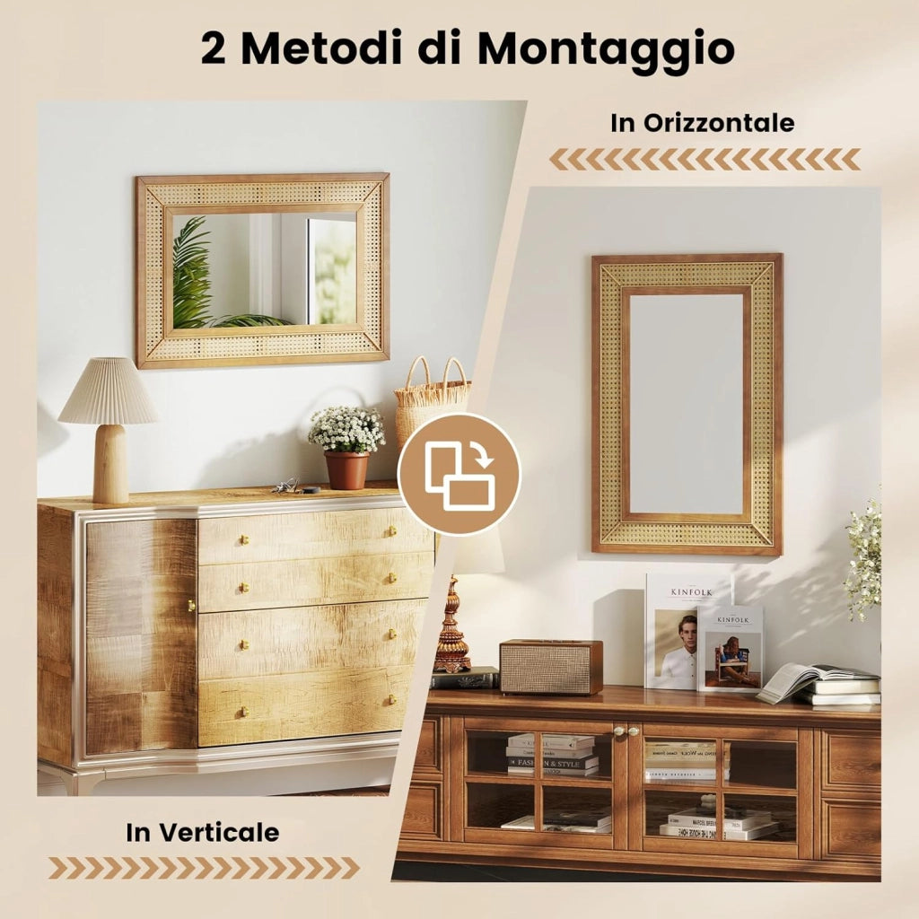 Specchio Rattan 90x60 cm, Decorativo Rettangolare con Cornice Legno, per Bagno/Soggiorno/Ingresso - Verticale/Orizzontale