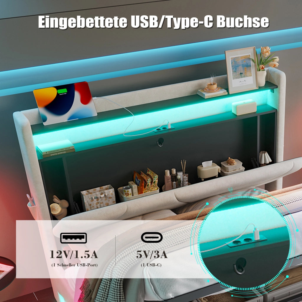 OKWISH Letto Contenitore 160×200 cm, Letto Matrimoniale con LED Regolabile, USB, Tipo C, Mensole e Tasche Laterali, senza Materasso, in Velluto, Beige