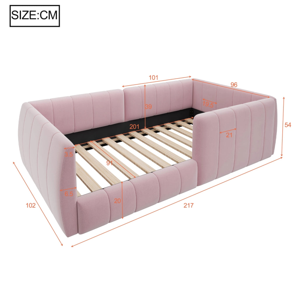 Letto piattaforma imbottito 90x200 cm con spondine di sicurezza; rosa; in MDF e velluto