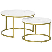 EasyComfort Set 2 Tavolini da Salotto Rotondi e Impilabili in Acciaio e Truciolato, Ø74x46.3 cm e Ø59x38.5 cm, Bianco e Oro