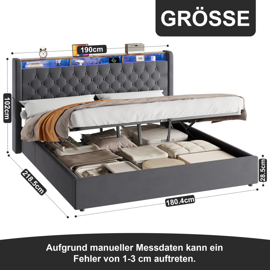 LETTO Imbottito 180 x 200 cm in Velluto Grigio Scuro con Contenitore