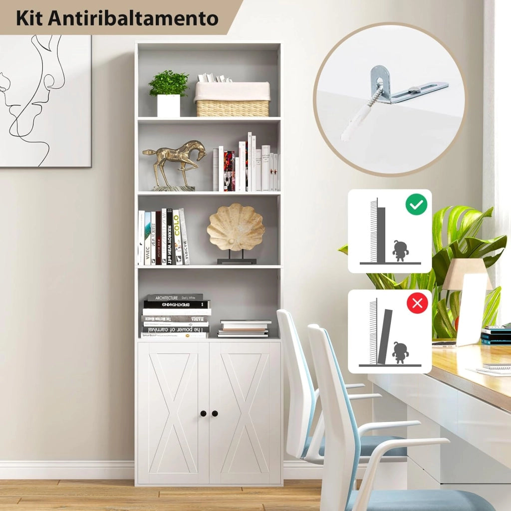 Libreria Scaffale con Ante, Libreria in Legno con 6 Ripiani e 2 Ante, Mobile Multiuso con Ripiano Regolabile per Soggiorno, Camera da Letto, Cucina, 60 x 24 x 180 cm, Bianco