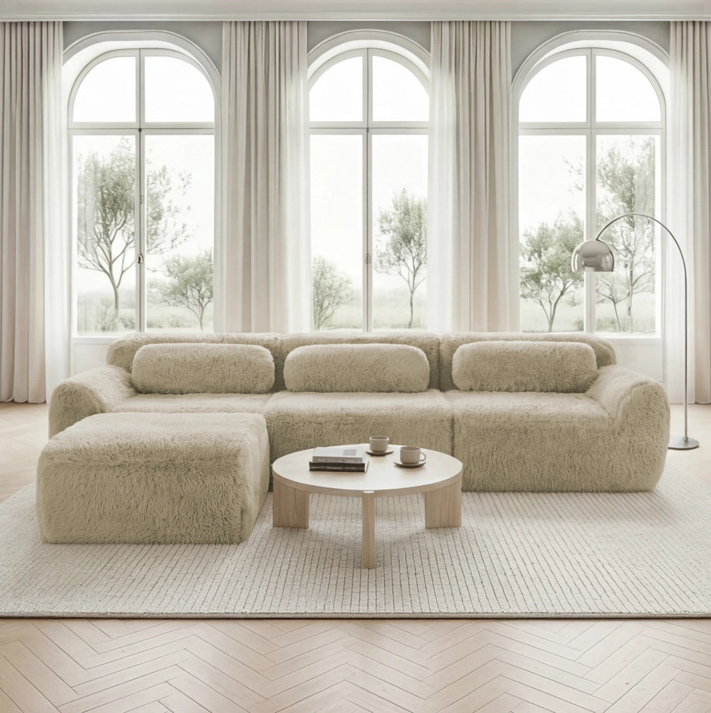 Divano angolare modulare in tessuto effetto peluche; 291x179x73 cm; Light Khaki