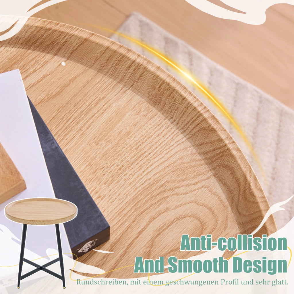 OKWISH Tavolino da Caffè Rotondo con Piano Compatto e Gambe in Metallo Incrociate, per Soggiorno e Camera, MDF, Legno Naturale, 55×55×60 cm