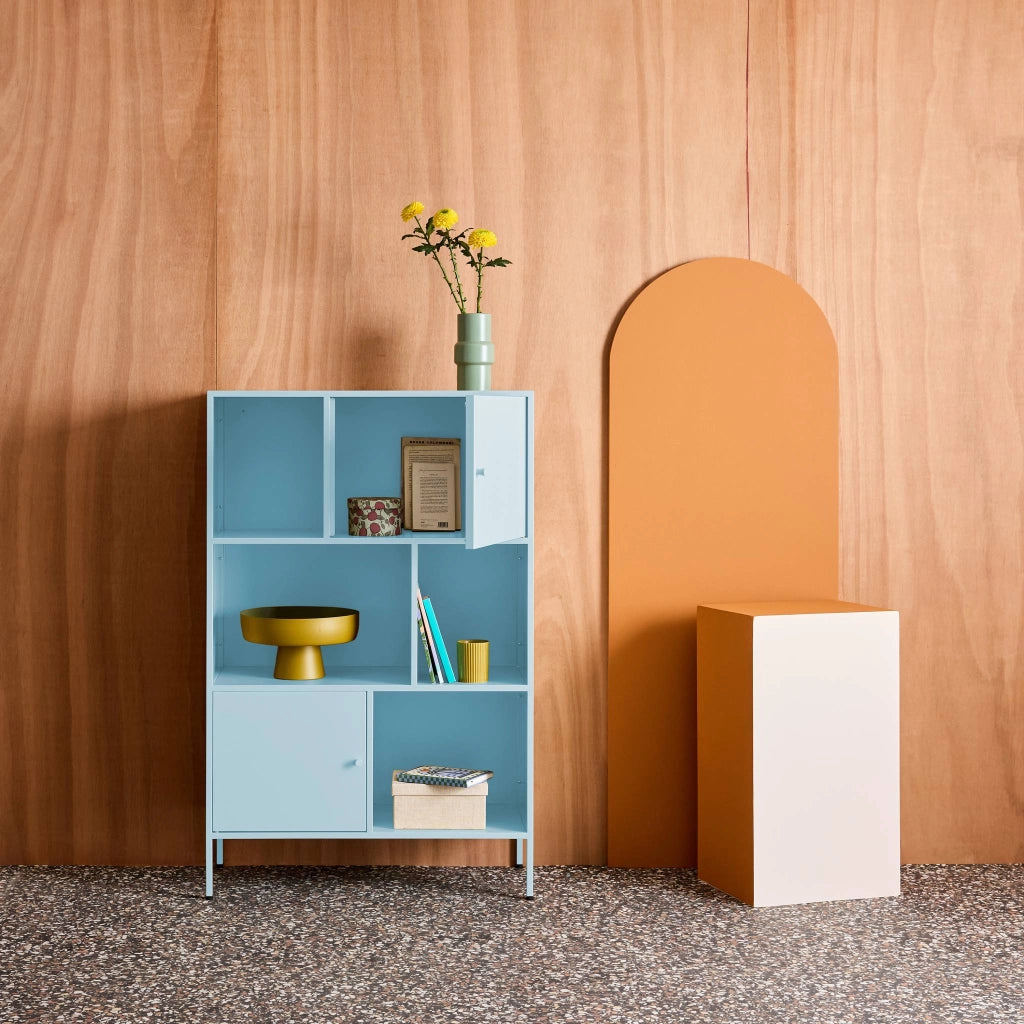 Credenza industriale in metallo con 6 scomparti, blu chiaro