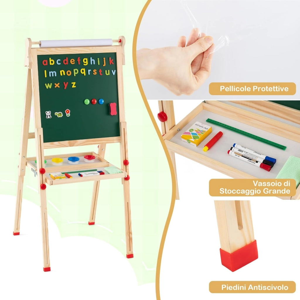 3 in 1 Cavalletto per Bambini, Cavalletto Artistico in Legno con Doppia Faccia Magnetico, Lavagna Bianca, Lavagna Nera e Rotolo di Carta, Pieghevole e Altezza Regolabile
