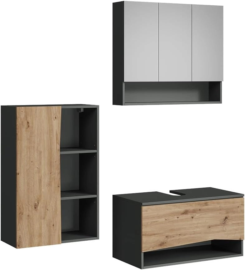 Set di mobili da bagno Willow, Artigiano, 80 cm, composto da mobile sottolavabo, specchiera e mobile medio