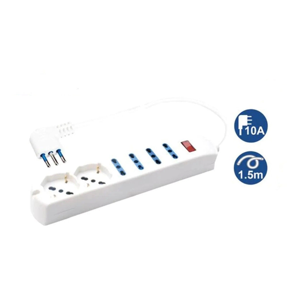 Trade Shop - Multipresa 2 Prese Universali + 4 Bipasso 10/16a Spina 10a Cavo 1.5 Metri 80084 -