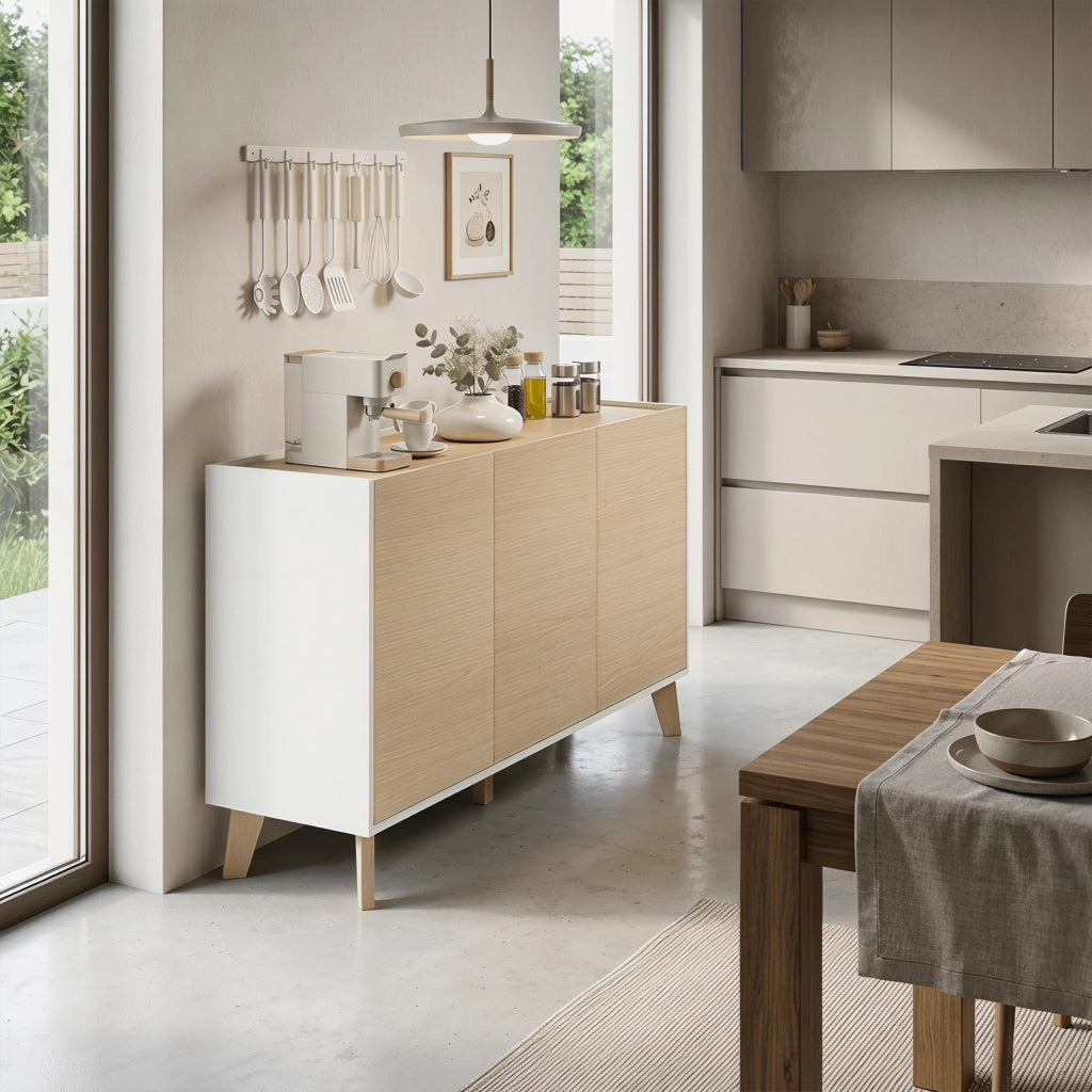 Credenza Buffet 120x35x73,5 cm con Ante Soft-Close in MDF Effetto Legno e Bianco
