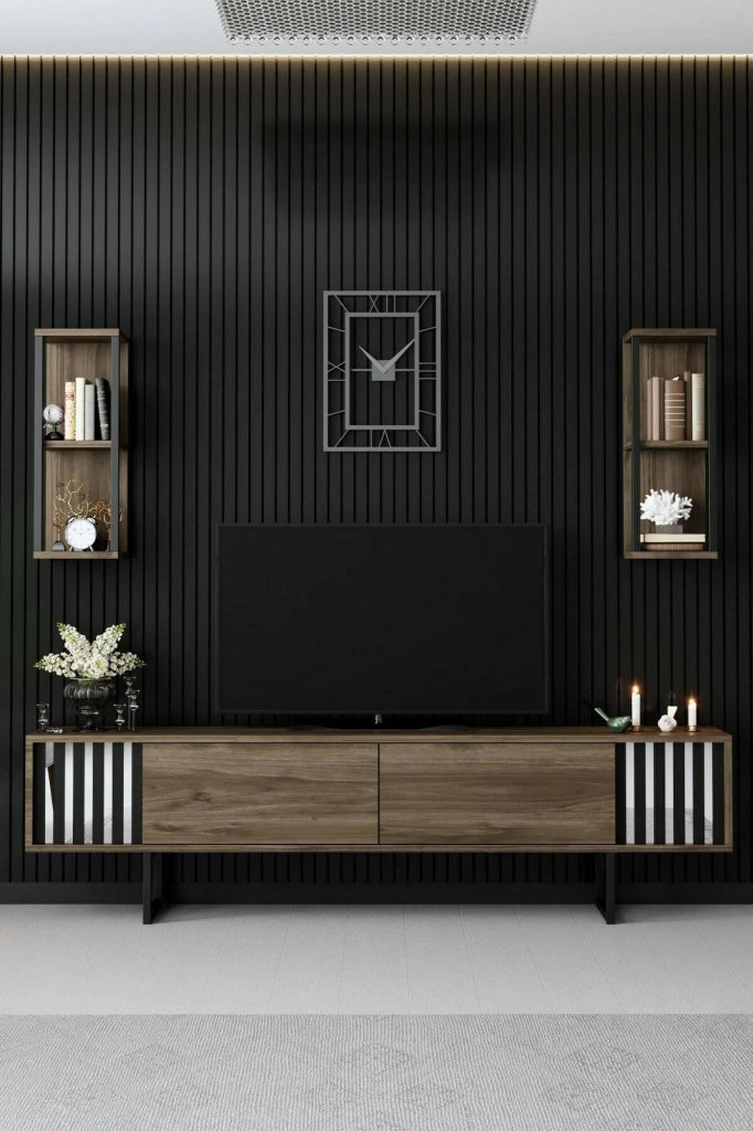 Mobile porta TV Iva, Credenza da soggiorno, Armadio basso per TV, Base parete attrezzata, 180x30h48 cm, Noce e Nero