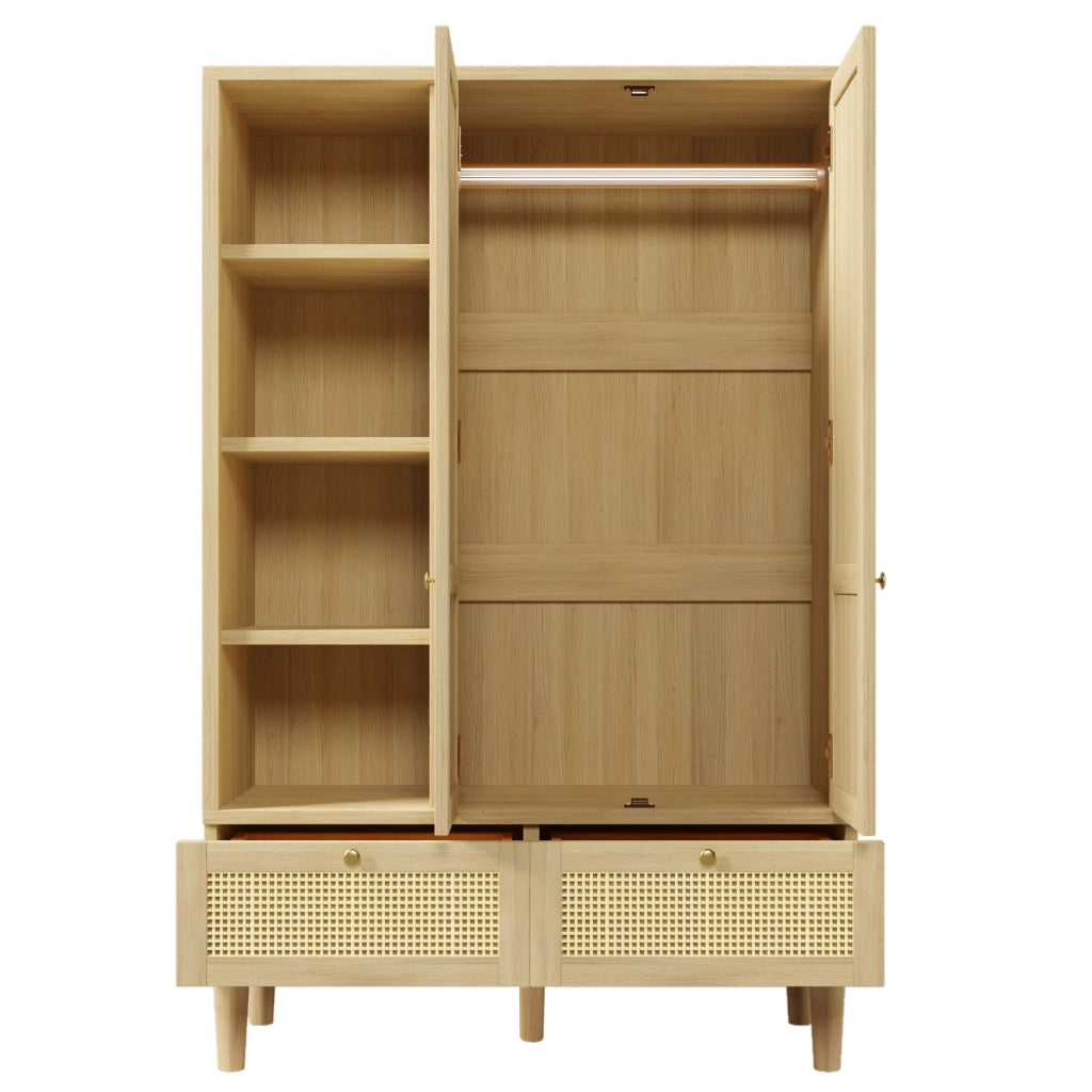 Armadio in legno massello, ante con decorazioni in vimini, 2 cassetti, ripiani aperti, color rovere