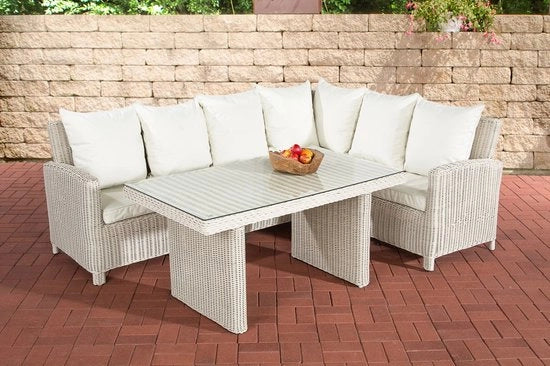 Set da giardino - Tavolo in vetro e rattan - Mobili da giardino - Tavolo da pranzo - Set da relax - Tavolo all'aperto - Tavolo salotto - Bianco - 6 posti