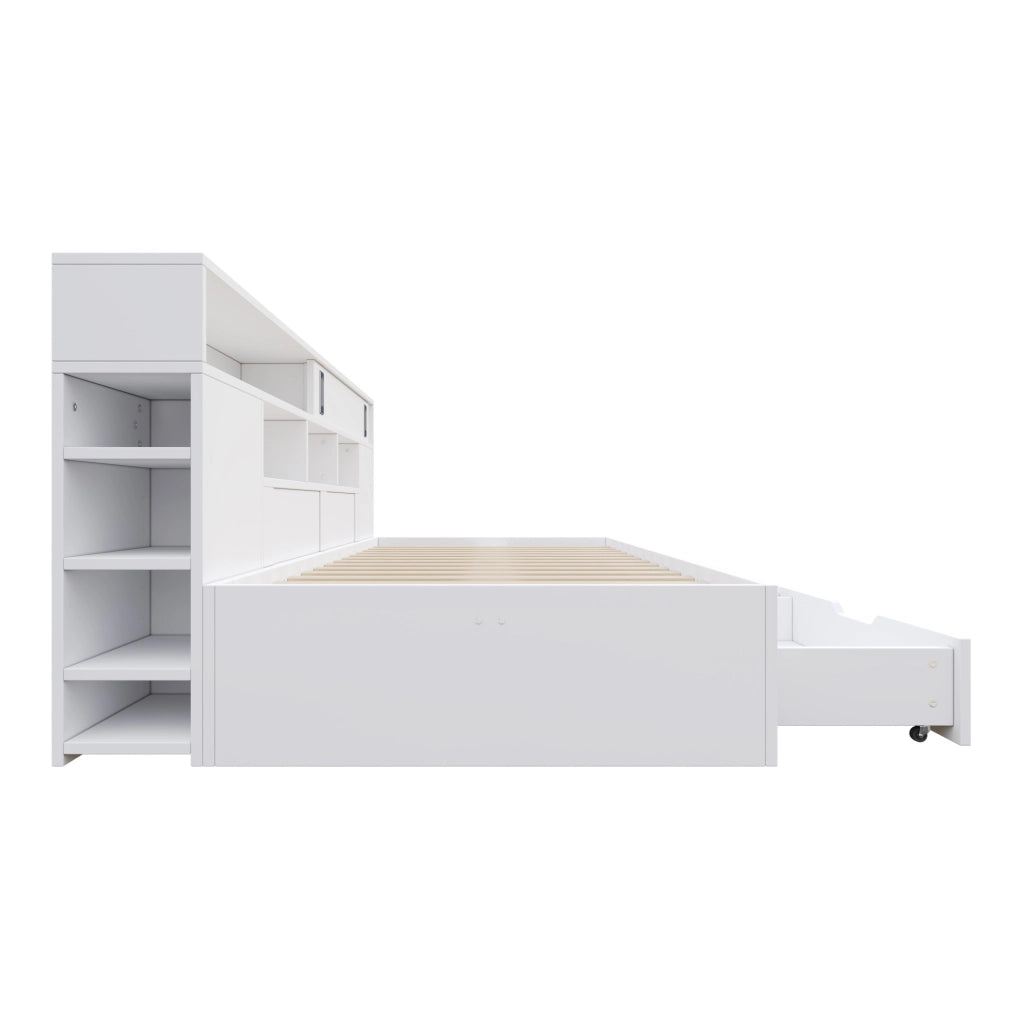 Letto a giorno 140x200 cm con cassetti e vani contenitori in MDF bianco