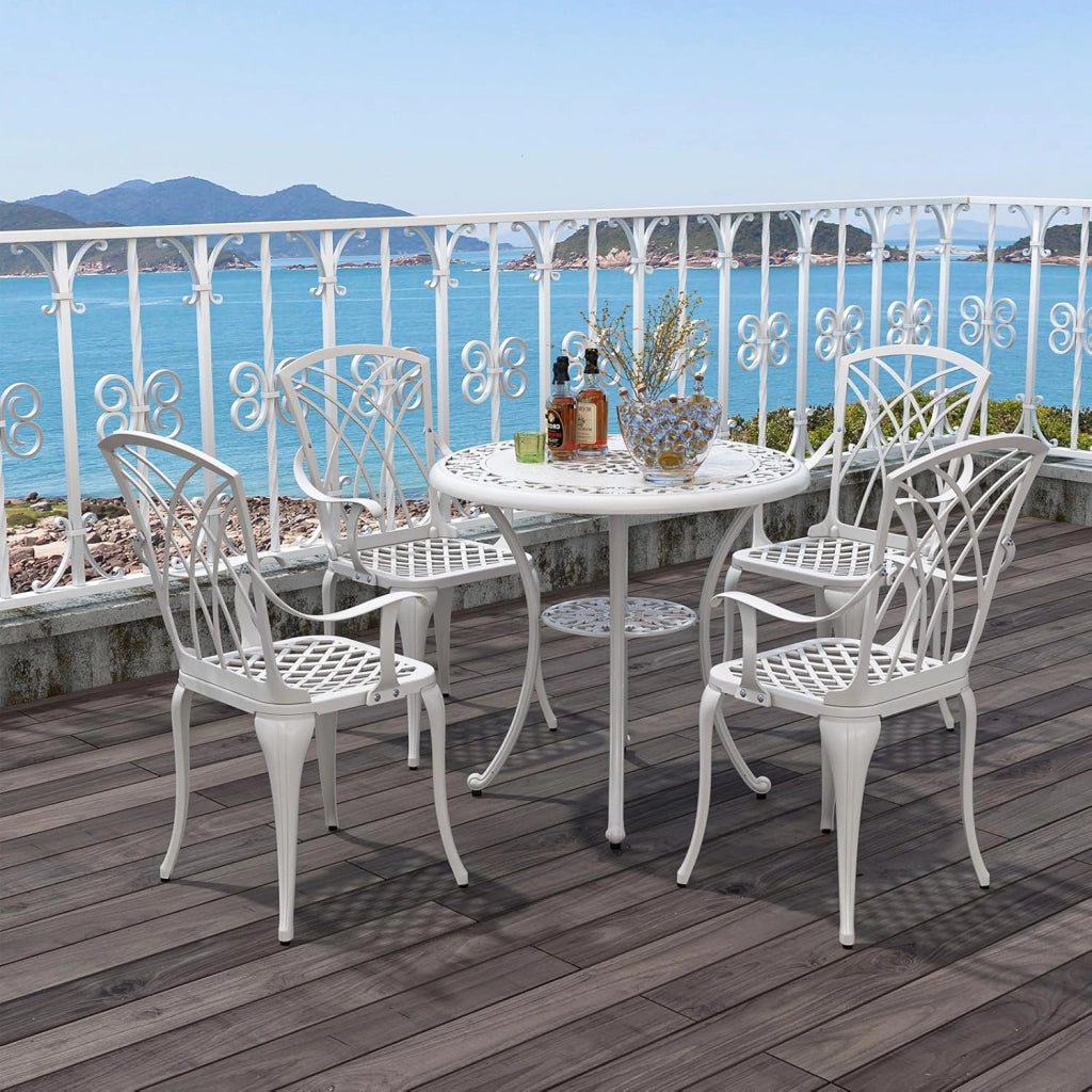 Soggiorno da giardino esterno, tavolo da giardino con sedia in ghisa di alluminio, tavolo da bistrot 5 pezzi per 4 persone, foro dell'ombrellone Dia.5 cm, tavolo rotondo per terrazza, balcone