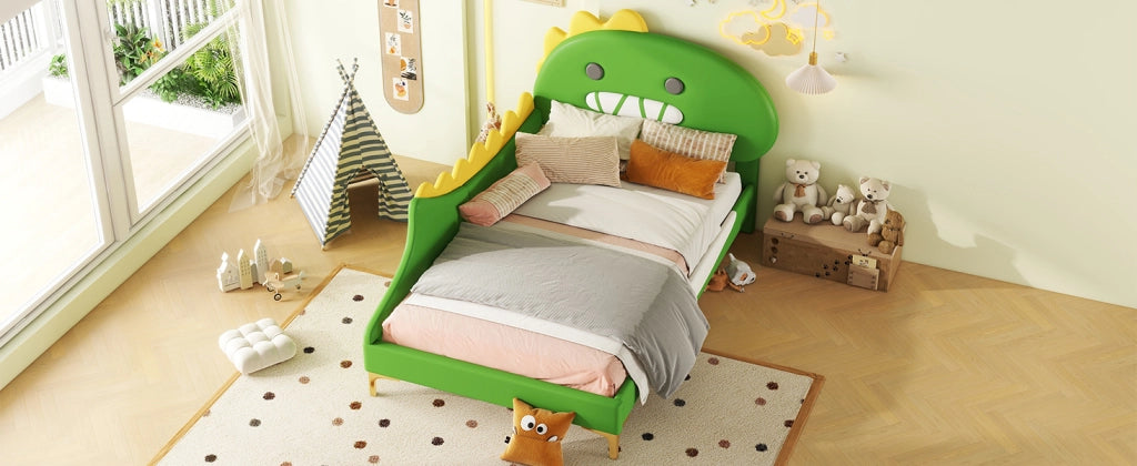 DESMIU Letto bambini 90 × 200 cm a 1 posto con testiera dinosauro, senza materasso, in PU e MDF, verde