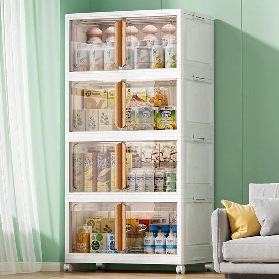 Cassetti di archiviazione con coperchi - In plastica pieghevole e stivabile - Porte trasparenti a doppia apertura - Grande capacità di archiviazione