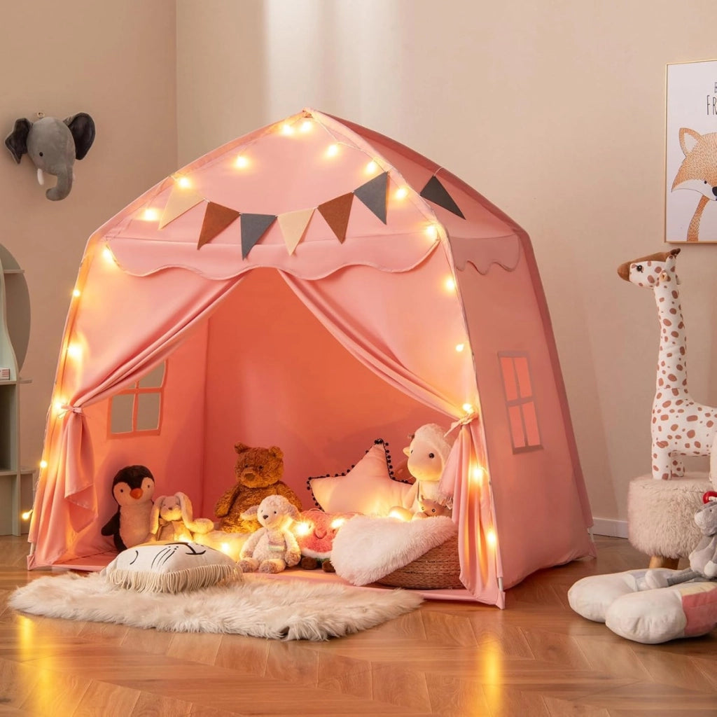 Tenda da gioco per bambini portatile e lavabile in lavatrice, Tenda da letto con bandiere e luci a globo Rosa