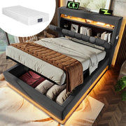 Letto singolo-Xylo-90x200 cm-LED, USB-C, testiera, idraulico, con materasso, grigio