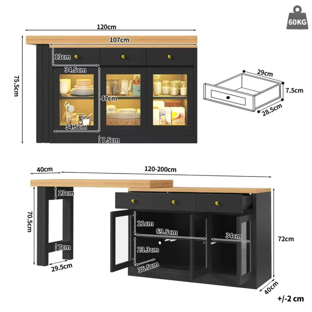 Isola da cucina, tavolo allungabile, illuminazione a LED, 3 cassetti, ante in vetro, nero