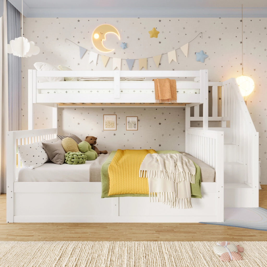 Letto a castello 2 posti con scala contenitore; vano idraulico e sponde di sicurezza; senza materasso 90×200 cm e 140×200 cm