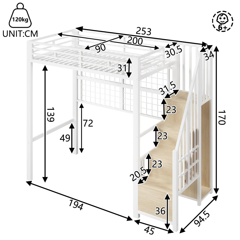 Letto a soppalco in metallo 90x200 cm con guardaroba; scala contenitore; barre appendiabiti; LED 7 colori e spazio aperto; bianco