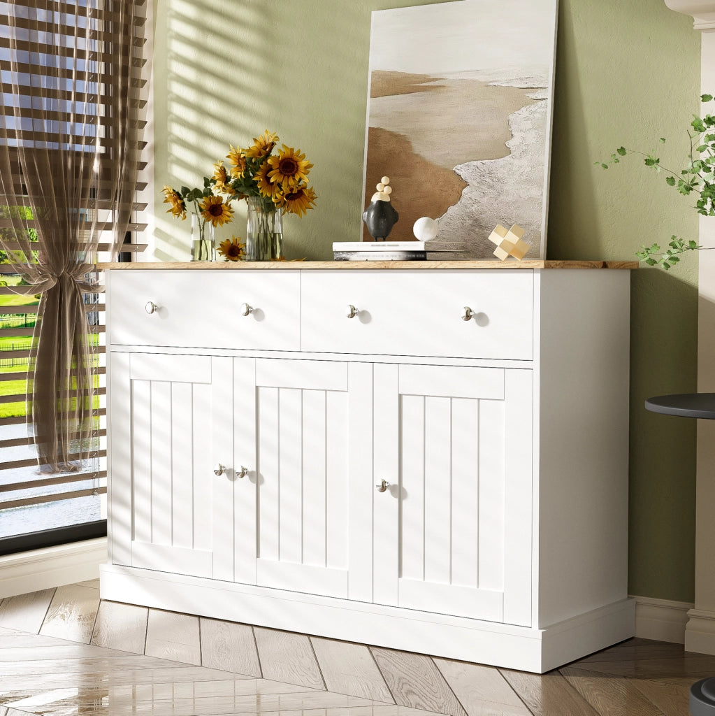 Sideboard 120x36x80.5 cm con 3 ante e 2 cassetti; pannello truciolare bianco e legno