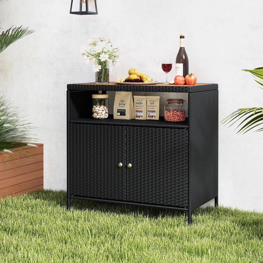 Armadietto da Giardino in Rattan con Piano di Lavoro e Scaffale, Ideale per Esterni, Giardino, Balcone e Piscina, 90 x 53 x 66 cm
