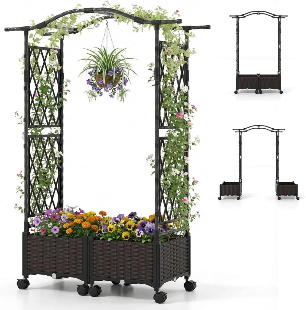 Fioriera Rialzata con Graticcio e Tetto, Irrigazione Automatica e Ruote Bloccatili, Letto da Giardino Rialzato in Rattan Impermeabile per Piante Rampicanti, Fiori ed Erbe (Grigio)
