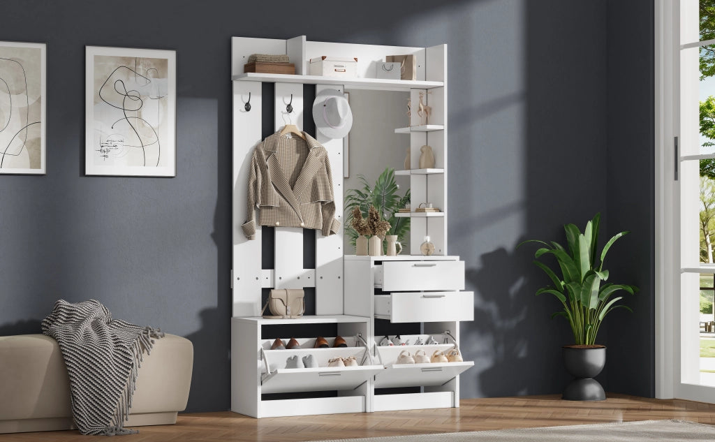 Mobile da ingresso con asta; specchio; 2 cassetti; 2 scarpiere a ribalta e 3 ganci; MDF; bianco; 110x34x185 cm