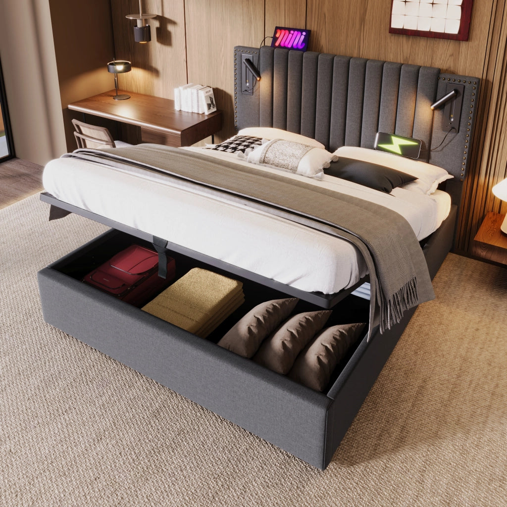 Letti contenitori 140x200 cm; testiera regolabile con luce lettura USB; cotone grigio (Senza materasso)