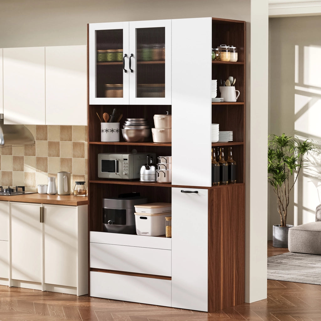 Credenza alta 100x40x200 cm con ripiano estraibile e cassetti in MDF bianco e noce