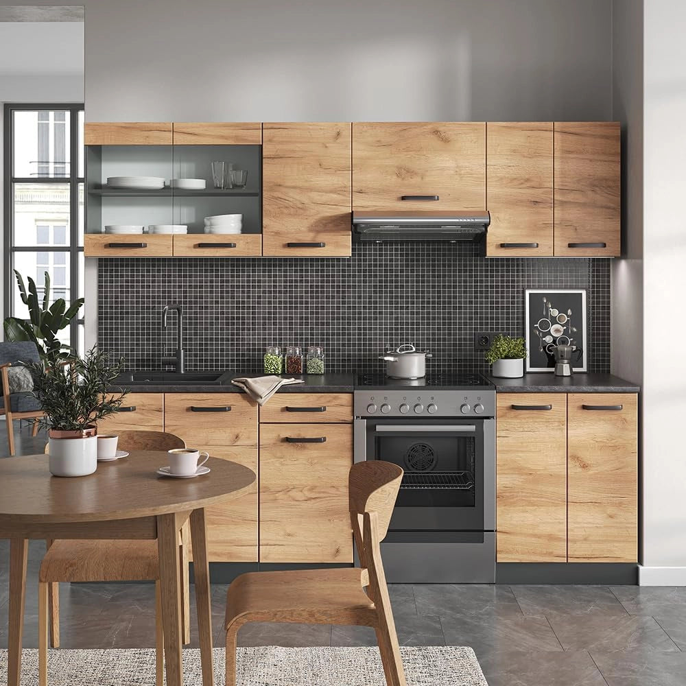 Mobile da cucina Raul, Quercia dorata/antracite, 240 cm, PL Fantasia nera con striscia LED, combinabile in modo flessibile con elementi modulari