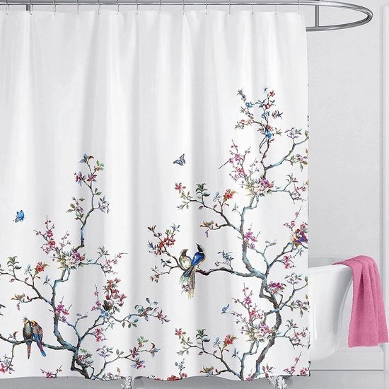 Douchegordino extra lungo 180x200 cm - tenda antisbava con fiori e uccelli - impermeabile e lavabile