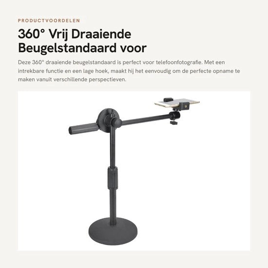 Fotografiestandaard 360° Vrij Draaiend - Beugelstandaard - Telefoonhouder - Live Video - Intrekbare Opnamebeugel - Metaal - Adatto per Telefoni Mobili 5,3-10 cm - Telefoonstatief