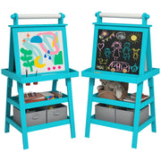 3 in 1 Kids Easel Double-Sided Magnetic Whiteboard and Chalkboard with Paper Roll, Storage Baskets - Blue