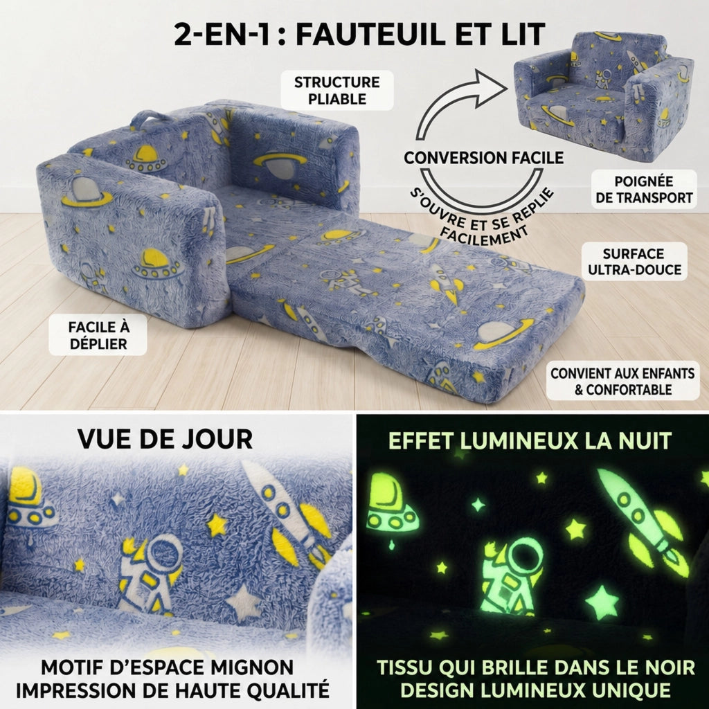 Poltrona pieghevole per bambini con funzione luminosa e motivo astronauta in tessuto e metallo blu verde bianco