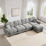 Divano angolare modulare a L 4 posti con pouf mobile 330x149x90 cm in chenille grigio chiaro