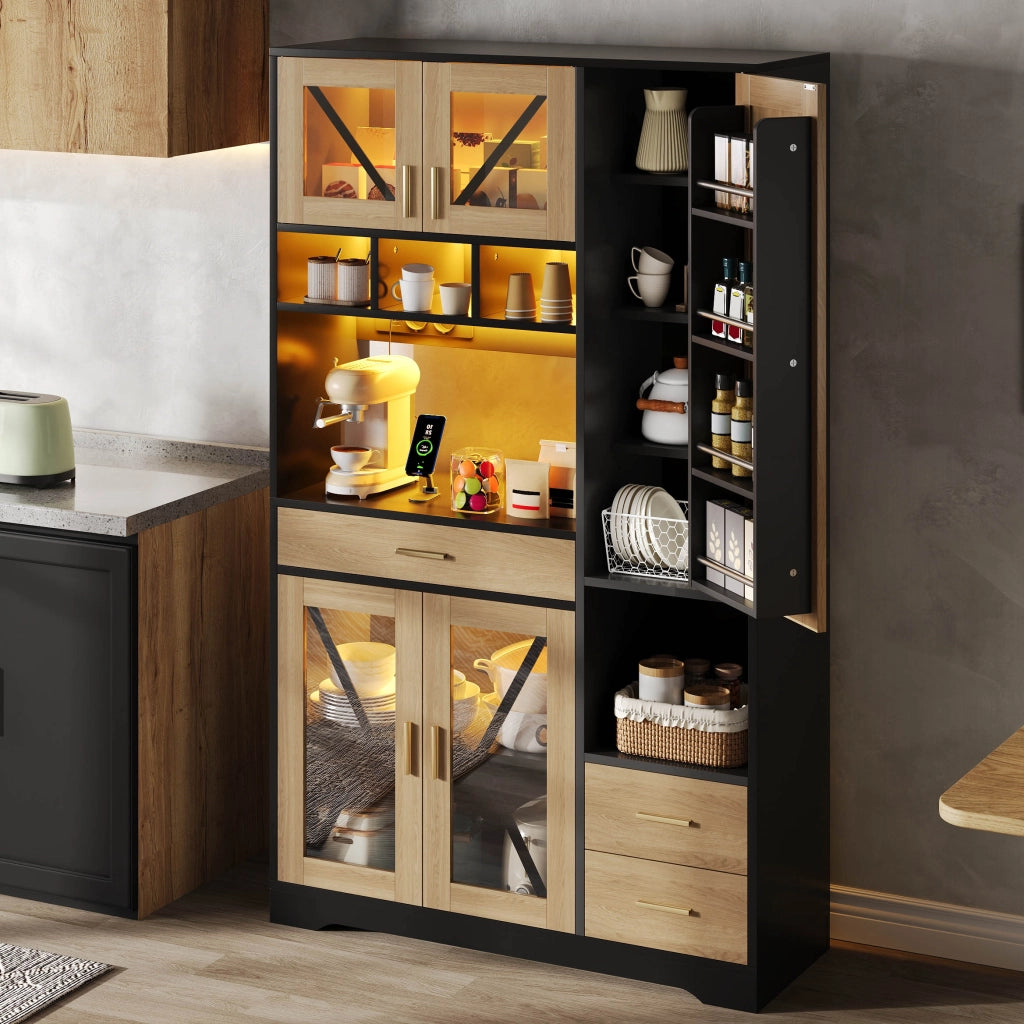 Credenza Alta Stile Rustico con LED, Ripiani, Cassetto e Prese ¨C Xylo ¨C 185x105x40