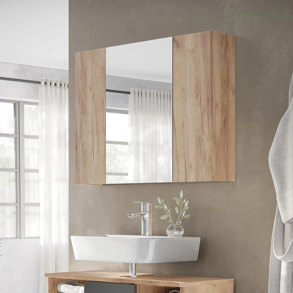 Specchio contenitore bagno Leopold, Quercia dorata, 80 x 59.2 cm con ripiani, che trova posto in ogni bagno