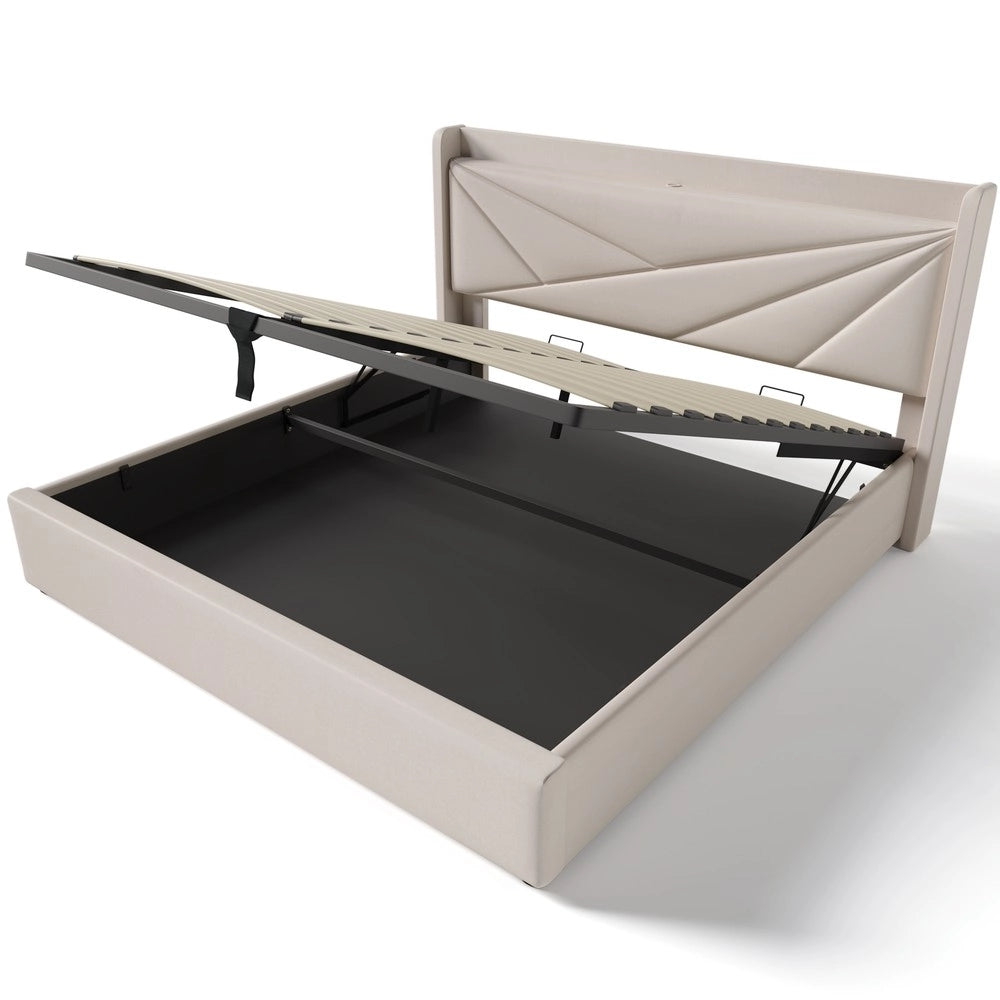 Letto Contenitore Imbottito con USB ¨C MINIMAL ¨C Tessuto Lino 180x200 con Doghe